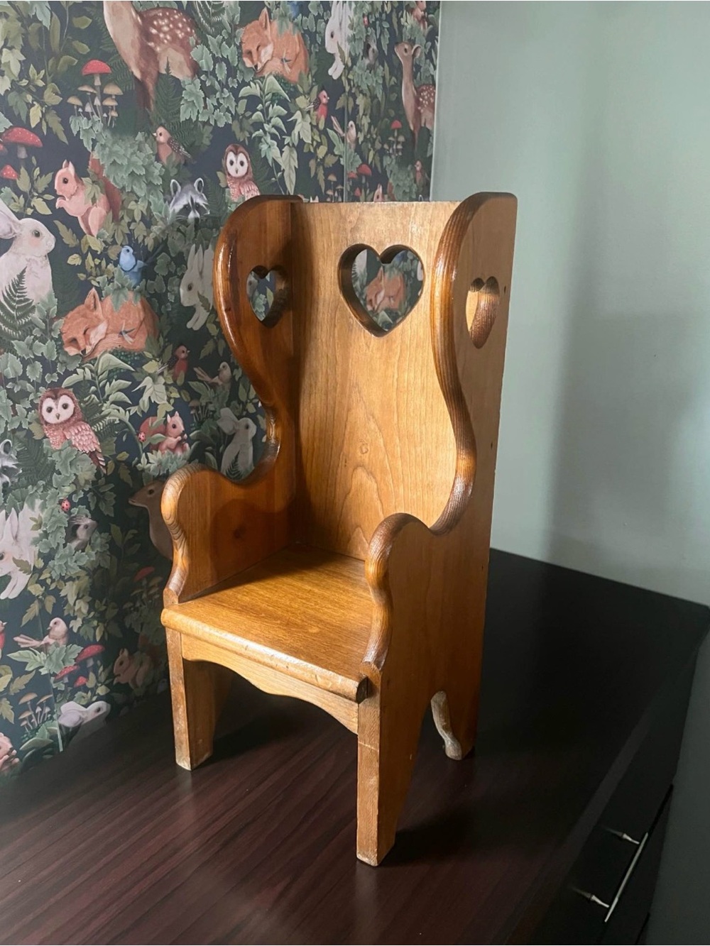 Vintage Wooden Heart-Back Doll Chair - Brown